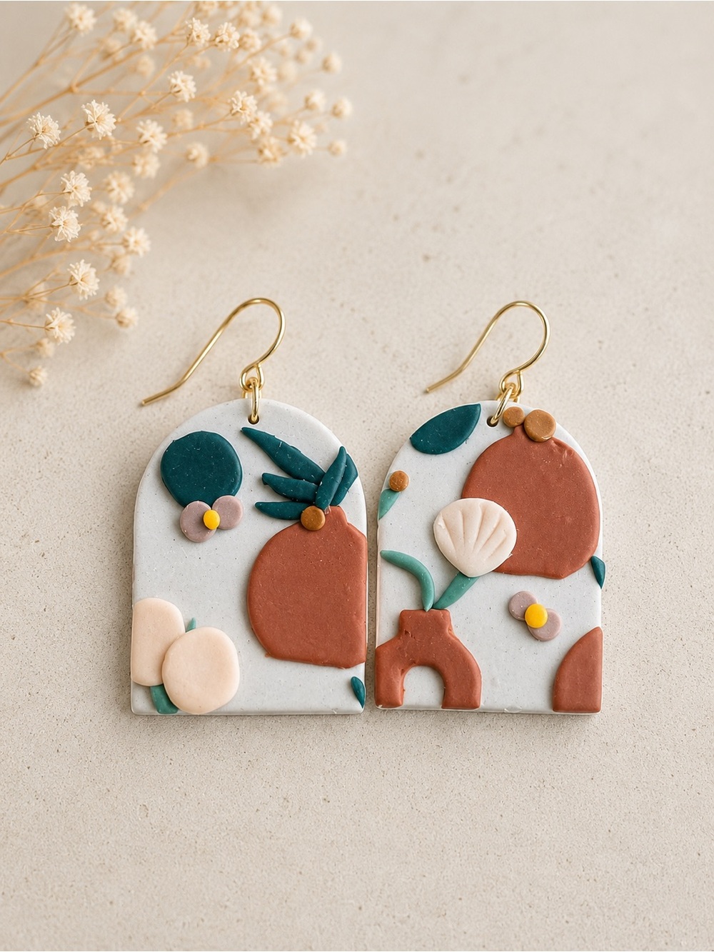 Handcrafted Terracotta & Teal Clay Arch Earrings